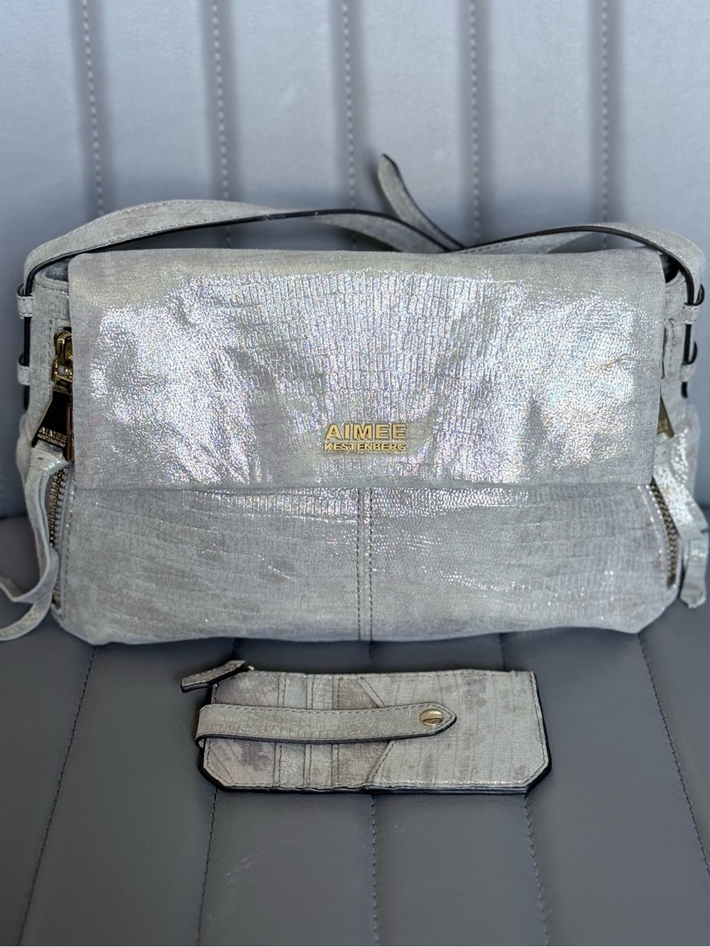 NWOT Aimee Kestenberg Bali Silver Gold Metallic Iridescent Leather Bag w/ wallet